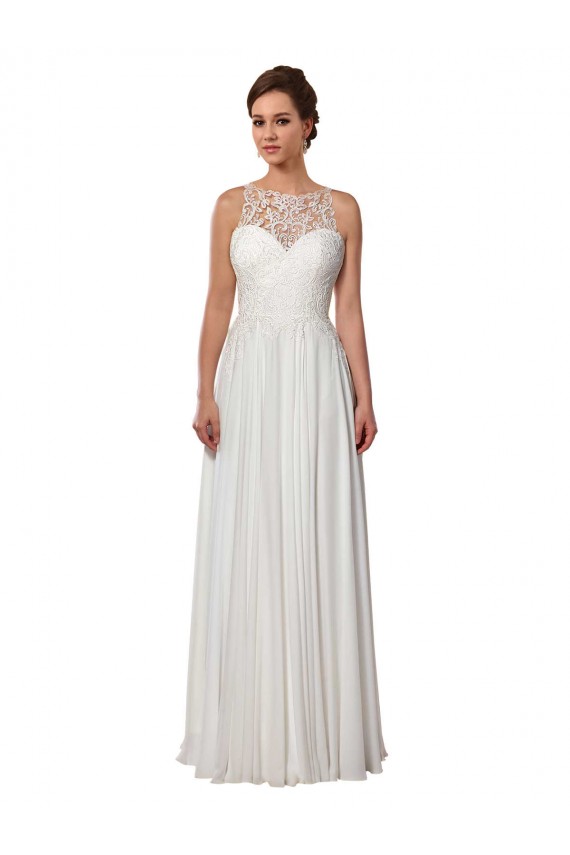 Discount Illusion Neck A-Line Chiffon Beach Wedding Dress with Lace Halter Neckline UK