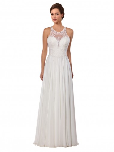 Discount Illusion Neck A-Line Lace and Chiffon Beach Wedding Dress UK