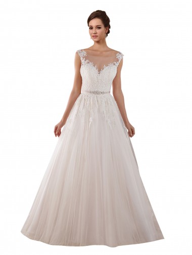 Discount Illusion Sweetheart Neck Ball Gown Tulle Wedding Dress with Lace Bodice UK