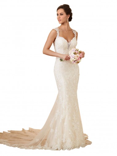Discount Modern Chapel Train Sweetheart Mermaid Lace Wedding Dress with Keyhole Back UK
