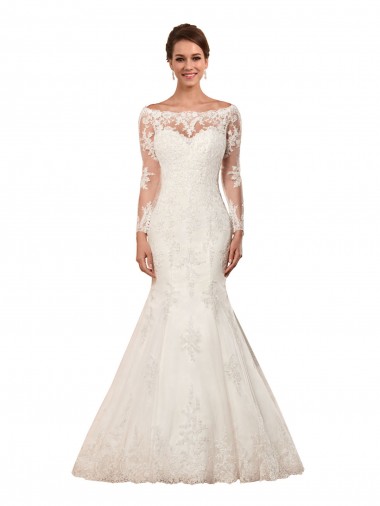 Discount Long Sleeves Mermaid Lace Wedding Dress with Illusion Back UK