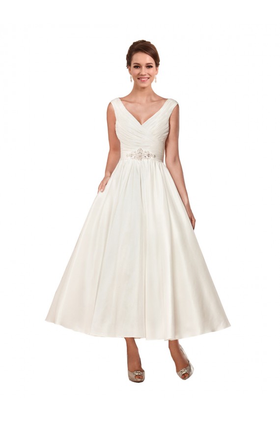 Discount V-Neck A-Line Short Ankle Length Satin Wedding Dress UK