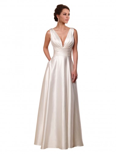 Discount Deep V-Neck A-Line Satin Wedding Dress with Pockets UK