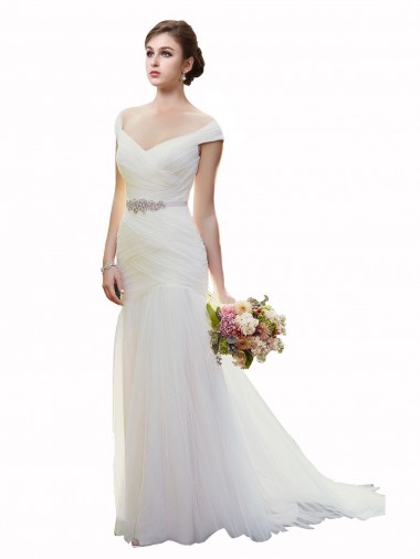 Discount Cap Sleeves Off the Shoulder Ruched Mermaid Tulle Beach Wedding Dress UK