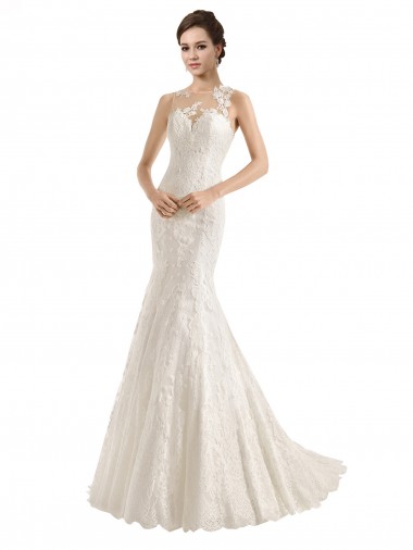Discount Illusion Neck Mermaid All Over Lace Wedding Dress UK