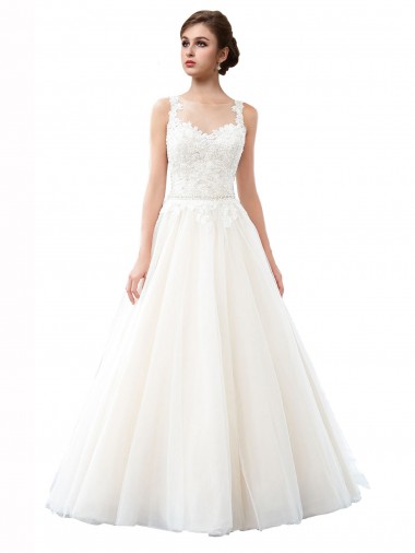 Discount Illusion Neck A-Line Tulle Beach Wedding Dress with Lace Bodice UK
