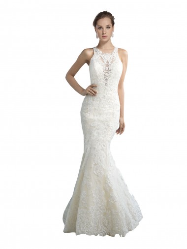 Discount Deep Illusion Neck Mermaid Tulle Beach Wedding Dress with All Over Lace UK
