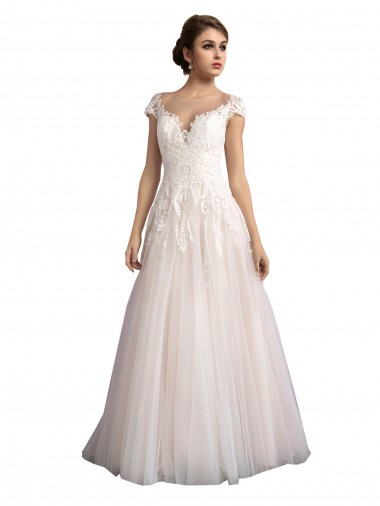 Discount Illusion Cap Sleeves A-Line Tulle Beach Wedding Dress with Lace Bodice UK