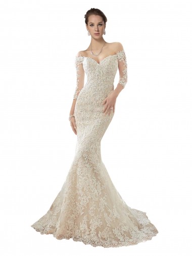 Discount Long Sleeves Off the Shoulder Trumpet Lace Wedding Dress UK