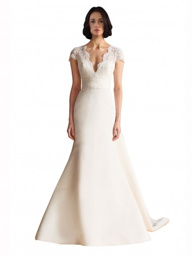 Discount V-Neck Lace Bodice A-Line Satin Wedding Dress with Keyhole Back UK