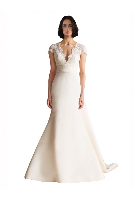 Discount V-Neck Lace Bodice A-Line Satin Wedding Dress with Keyhole Back UK