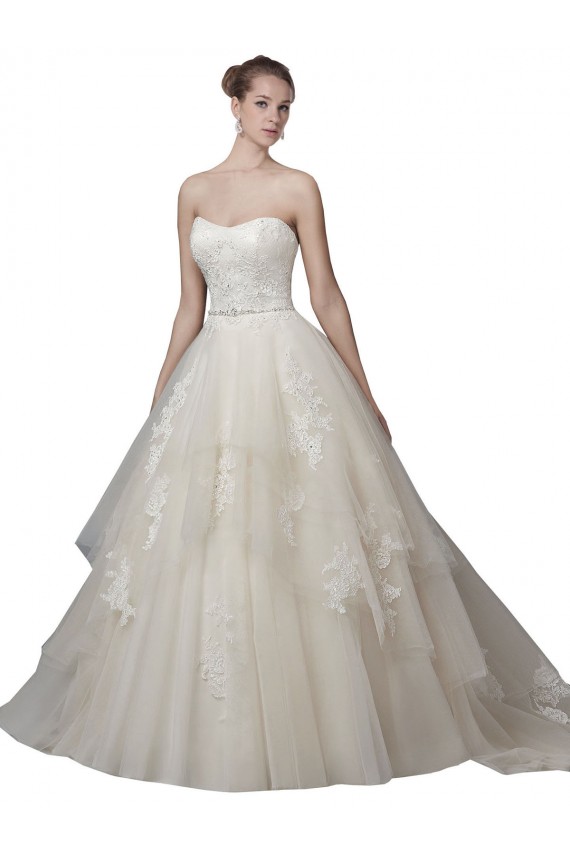 Discount Strapless Ball Gown Tulle Wedding Dress with Lace Appliques UK