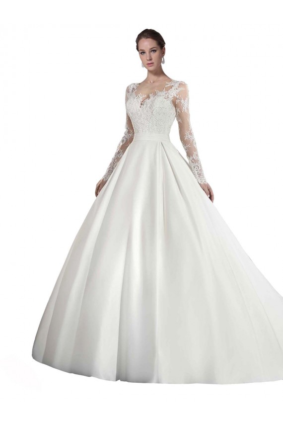 Discount Long Sleeves Illusion Neck A-Line Satin Wedding Dress with Lace Bodice UK