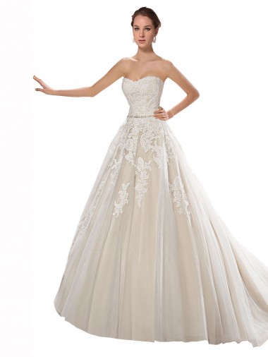 Discount Strapless Ball Gown Tulle Wedding Dress with Lace Cascades UK