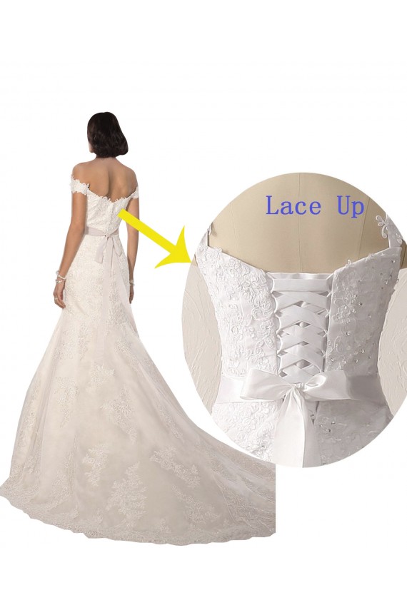 Discount Off the Shoulder Mermaid Lace Beach Wedding Dress with Beaded Belt UK
