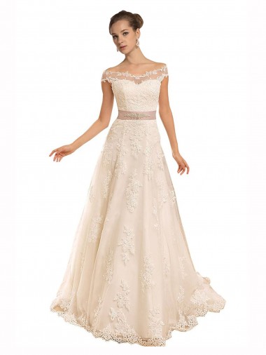 Discount Off the Shoulder Illusion Back A-Line Lace Beach Wedding Dress UK