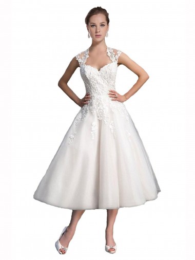 Discount A-Line Short Tea Length Sweetheart Tulle Lace Beach Wedding Dress UK