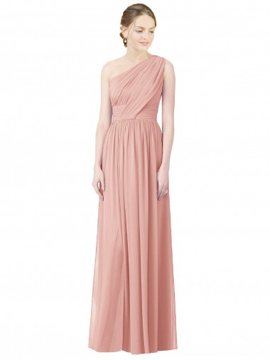 Discount One Shoulder Long Chiffon Bridesmaid Dress with Shirred Waistband UK
