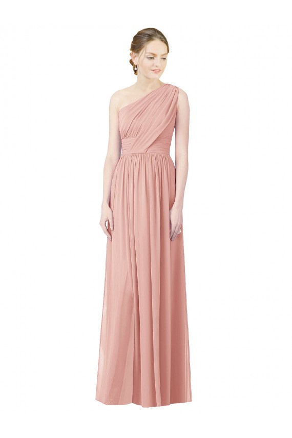 Discount One Shoulder Long Chiffon Bridesmaid Dress with Shirred Waistband UK