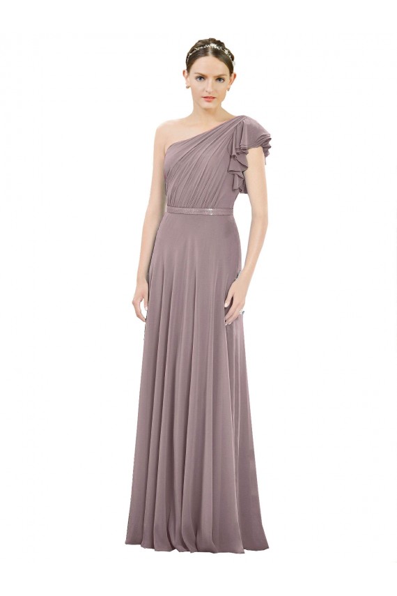 Discount Full Length One Shoulder Chiffon Bridesmaid Dress with Shoulder Ruffle UK