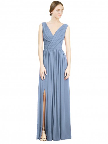 Discount Sleeveless Draped Chiffon Maxi Bridesmaid Dress with Front Slit UK