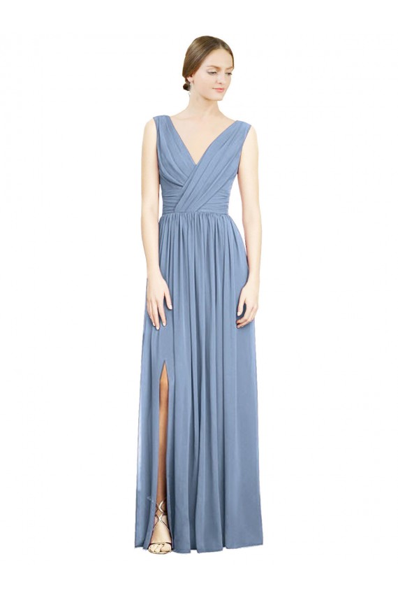 Discount Sleeveless Draped Chiffon Maxi Bridesmaid Dress with Front Slit UK