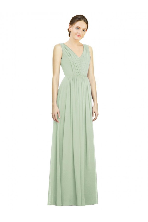 Discount Natural Waist V-Neck Draped Chiffon Bridesmaid Dress UK