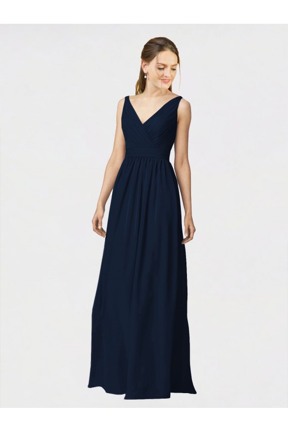 Discount Long Chiffon Bridesmaid Dress with Shirred Bodice and V-Neckline UK