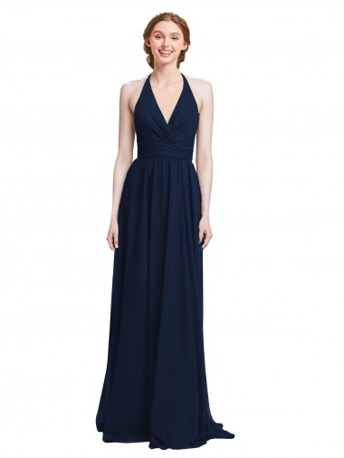Discount Halter Chiffon Bridesmaid Dress with V-Neckline and Criss Cross Waist UK