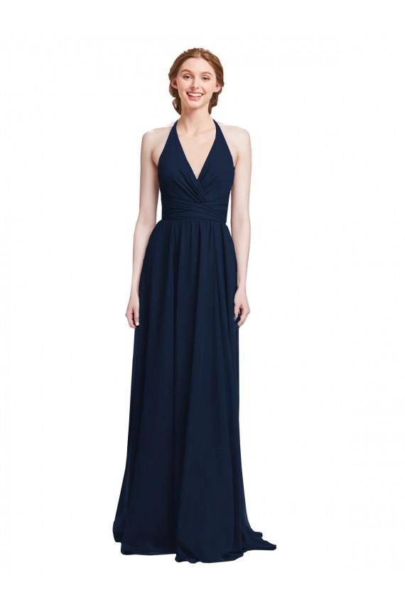 Discount Halter Chiffon Bridesmaid Dress with V-Neckline and Criss Cross Waist UK