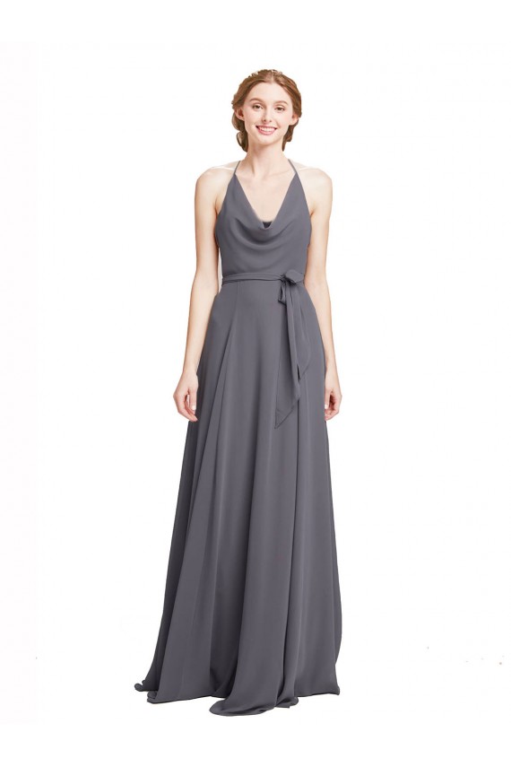 Discount Spaghetti Strap Long Chiffon Bridesmaids Dress with Halter Cowl Neck UK