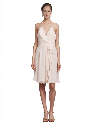 Discount Short Knee Length Wrap Chiffon Halter Bridesmaids Dress UK
