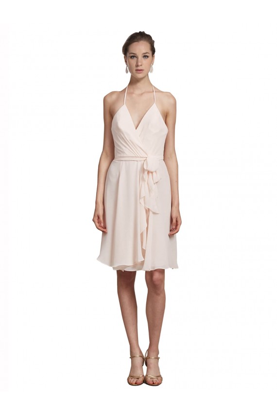 Discount Short Knee Length Wrap Chiffon Halter Bridesmaids Dress UK