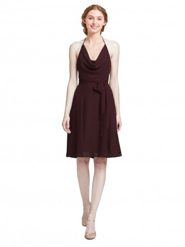 Discount Short Knee Length Chiffon Bridesmaids Dress with Halter Cowl Neck UK