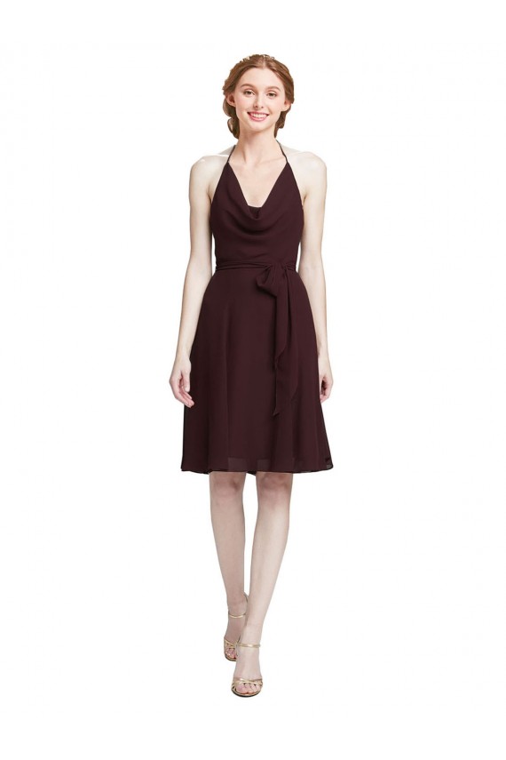 Discount Short Knee Length Chiffon Bridesmaids Dress with Halter Cowl Neck UK