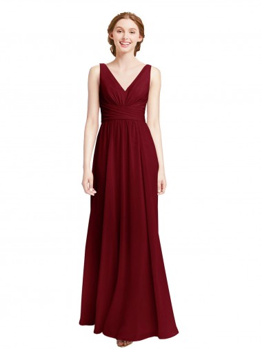 Discount Long Chiffon V-Neck Bridesmaids Dress with Double Strap UK