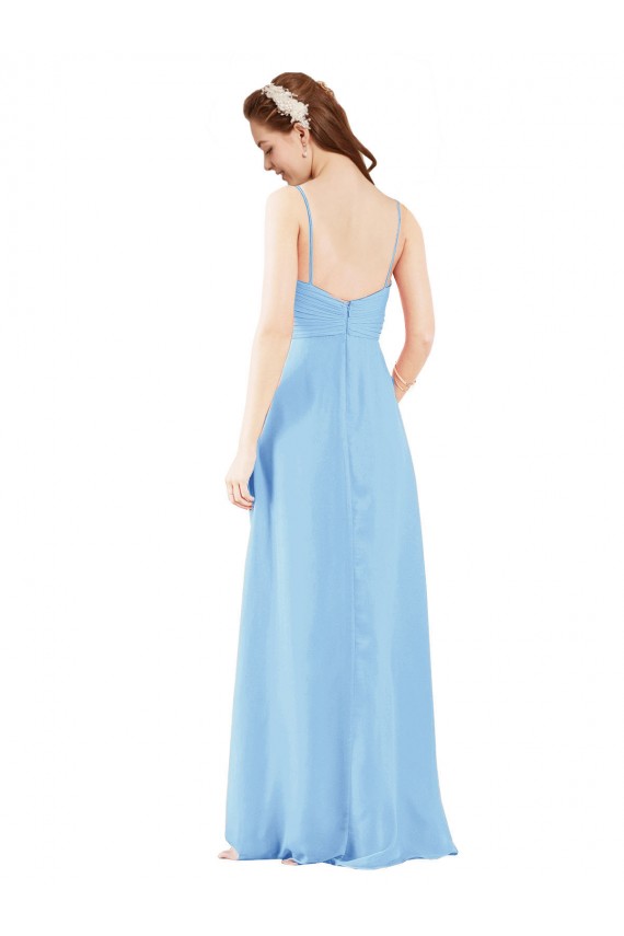 Discount Pleated Low Back Long V-Neck Chiffon Bridesmaid Dress with Thin Straps UK