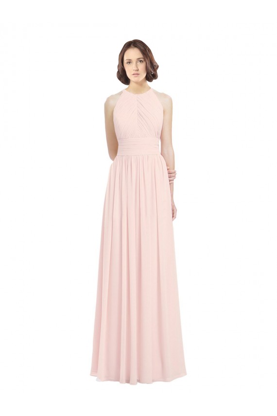 Discount Sleeveless Chiffon High Neck Bridesmaid Dress with Diagonal Pleats UK