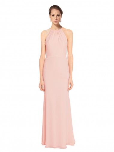 Discount High Neck Long Chiffon Halter Bridesmaid Dress with Drape Chiffon Overlay UK