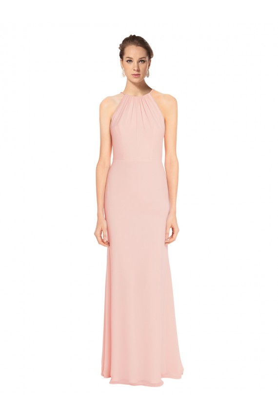 Discount High Neck Long Chiffon Halter Bridesmaid Dress with Drape Chiffon Overlay UK