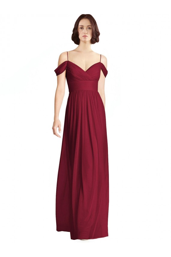Discount Off the Shoulder Long Chiffon Bridesmaid Dress with Pleated Sleeves UK