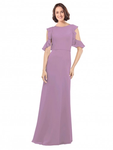 Discount Long Chiffon Bridesmaids Dress with Flounced Sleeve Detail and Criss Cross Back UK