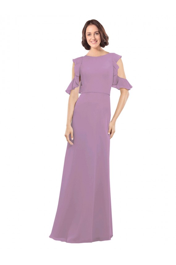 Discount Long Chiffon Bridesmaids Dress with Flounced Sleeve Detail and Criss Cross Back UK