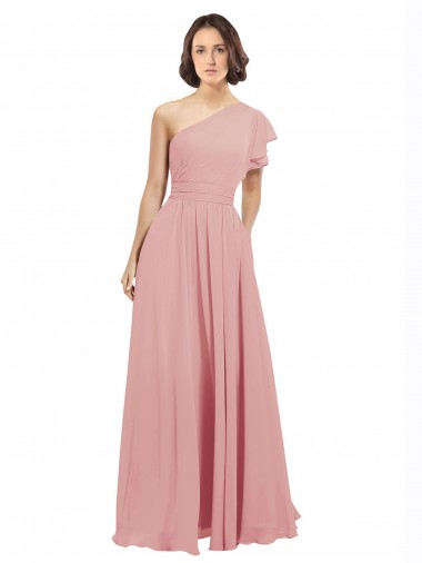 Discount Chiffon Bridesmaids Dress with One Shoulder Flounced Sleeve UK