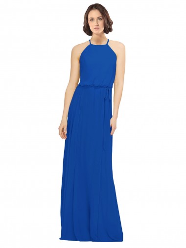Discount Long Jewel Neckline Chiffon Bridesmaids Dress wit Chiffon Tie Sash UK