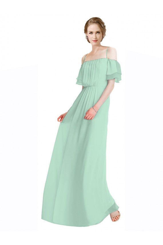 Discount Spaghetti Straps Long Chiffon Off-The-Shoulder Bridesmaid Dress with Double Flounce Sleeves UK