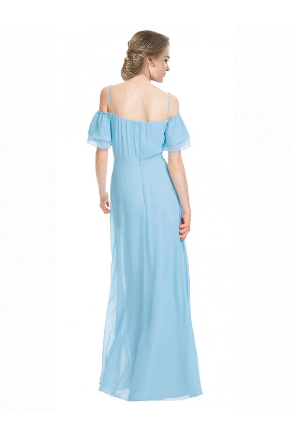 Discount Spaghetti Straps Long Chiffon Off-The-Shoulder Bridesmaid Dress with Double Flounce Sleeves UK