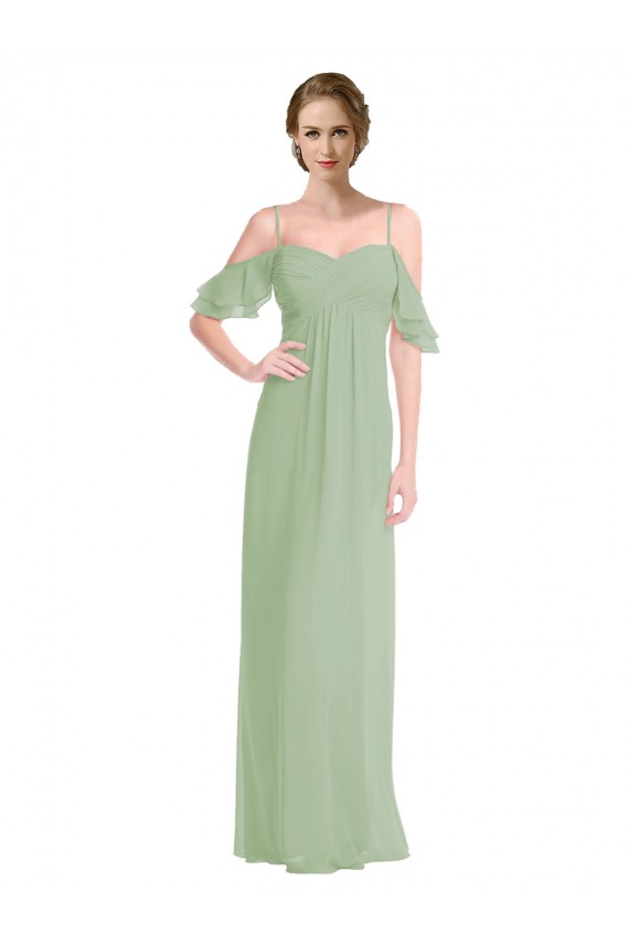 Discount Long Chiffon Off-The-Shoulder Bridesmaid Dress with Double Flounce Sleeves UK