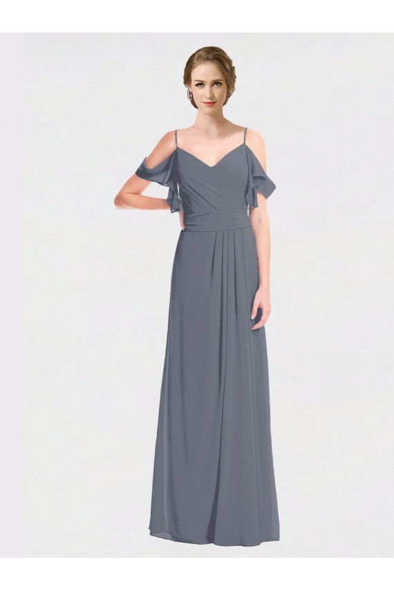 Discount Long Chiffon Spaghetti Strap V-Neck Bridesmaid Dress with Off-The-Shoulder Flutter Sleeves UK