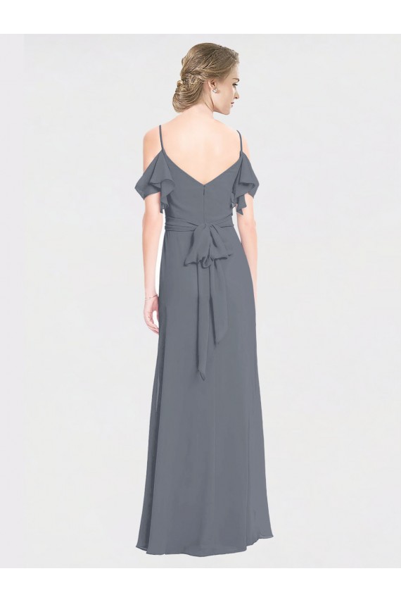 Discount Long Chiffon Spaghetti Strap V-Neck Bridesmaid Dress with Off-The-Shoulder Flutter Sleeves UK